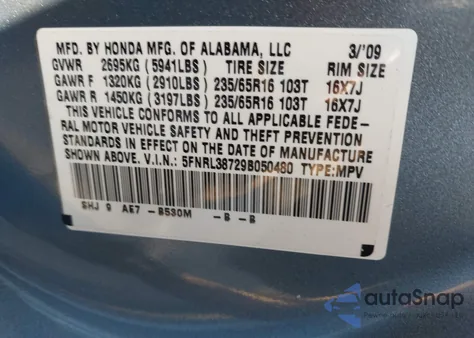 2009 Honda Odyssey Ex-L z USA, uszkodzony, nr VIN 5FNRL38729B050480